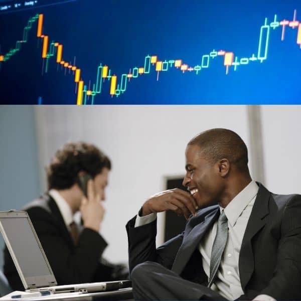 Man at computer with a chart of stocks increasing behind him.