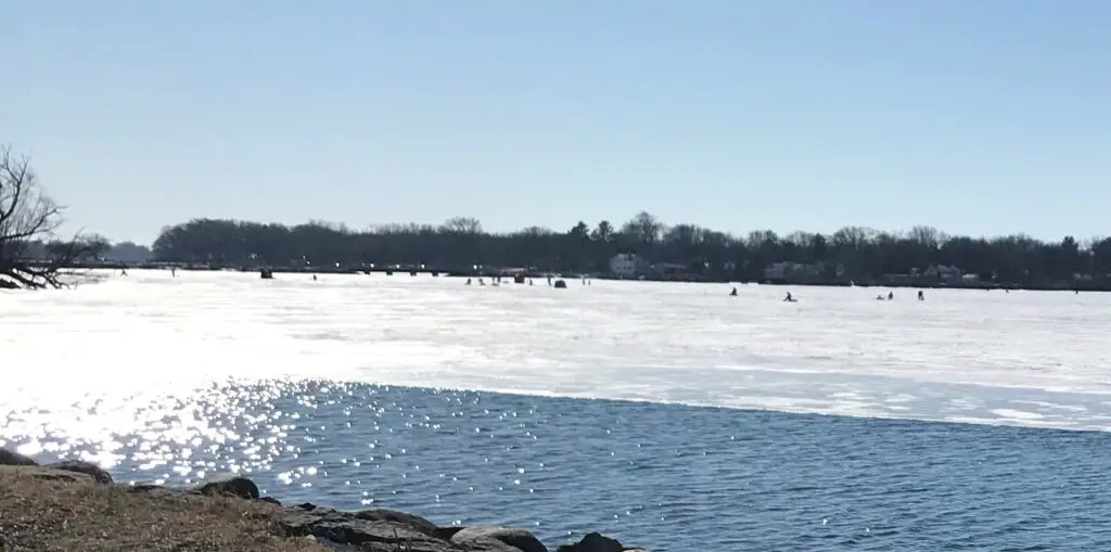 Ice fishers on open water