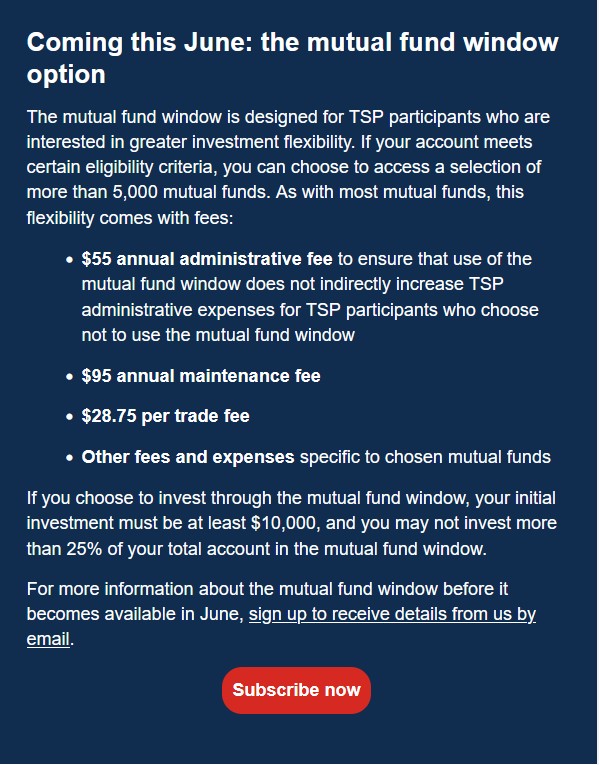 TSP email explaining the fees on the new TSP mutual fund window