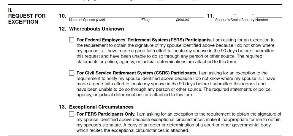 Screenshot of the TSP-16 form and allowable excuses for getting a TSP loan without a spousal signature