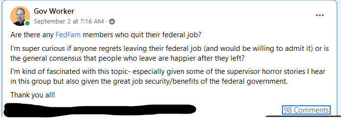 Facebook post asking FedFam members whether or not they regret leaving federal government