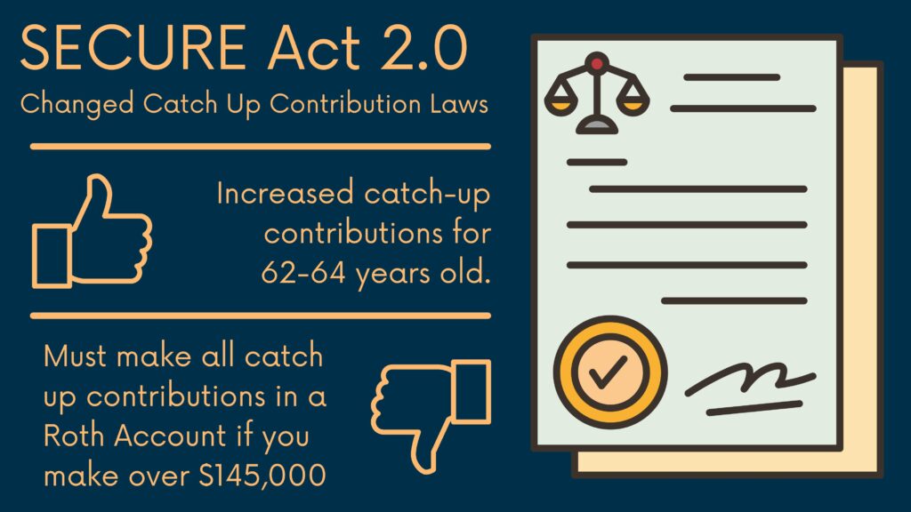 Graphic illustrating the pros and cons of the Secure 2.0 Act. The good news: The bill increased the amount of catch-up contributions for those aged 62-64 years old. See section 108 of the bill. 

The really bad news: The bill requires all catch-up contributions to be made in a Roth account if you make over $145,00 per year.